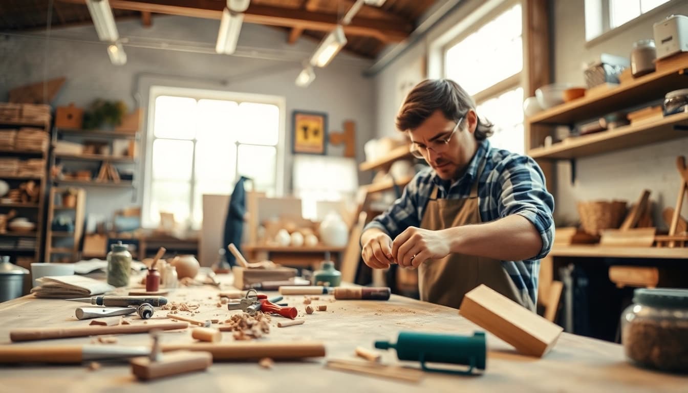 Craft training in a vibrant workshop with artisans focused on their creative projects.