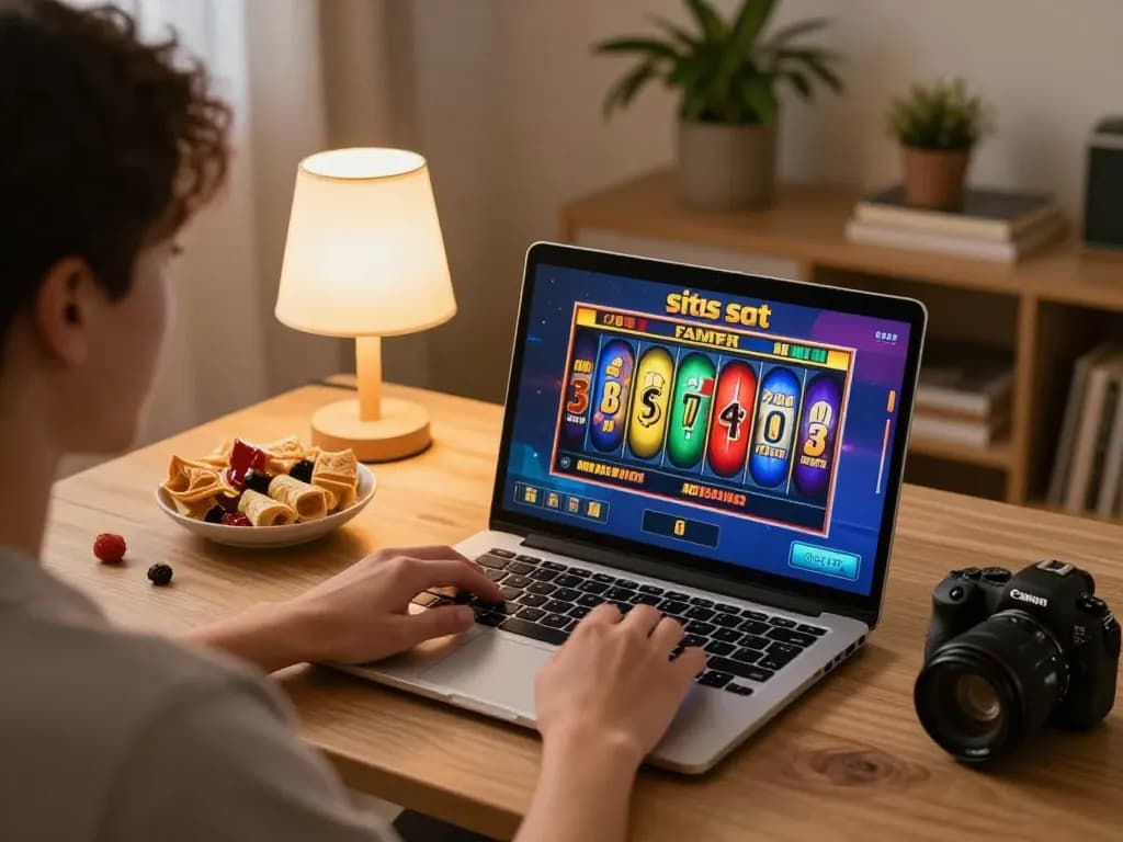 Engaging in situs slot gameplay on a laptop at home with cozy atmosphere and strategy notes.