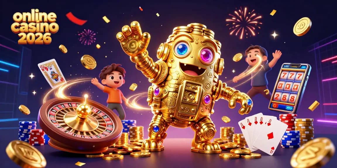 online casino 2026 kínáló játékok és bónuszok ünneplése, aranyérmekkel és kártyákkal