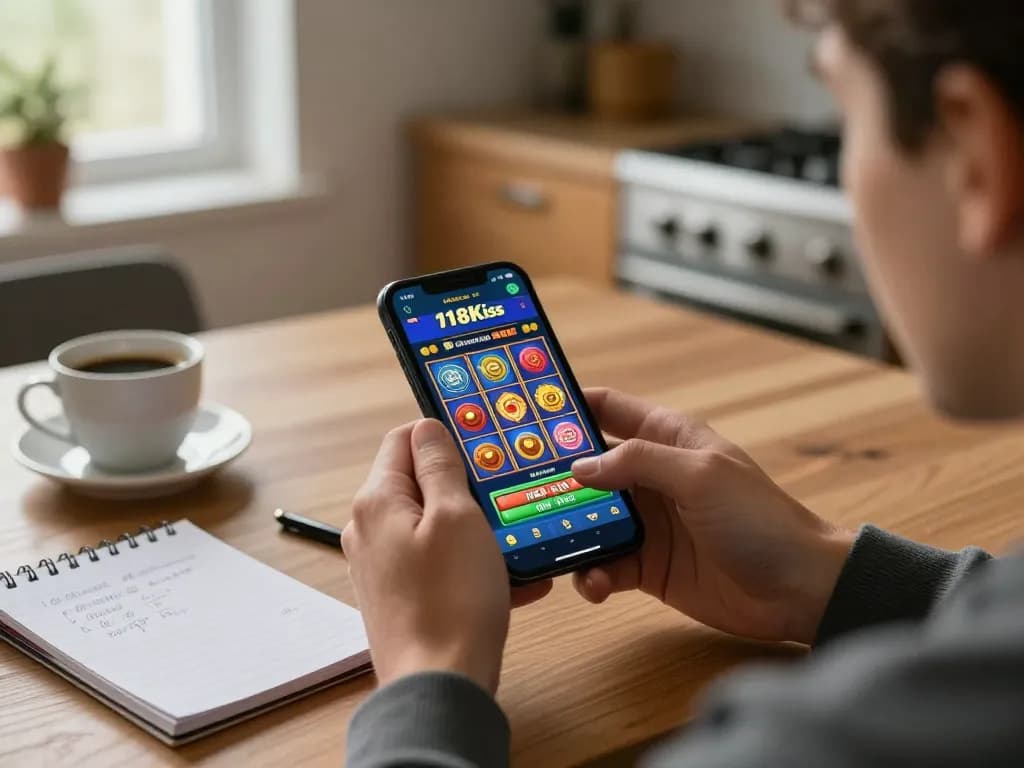 Kiss918 original apk gameplay with vibrant slot graphics on a smartphone in a cozy home environment.