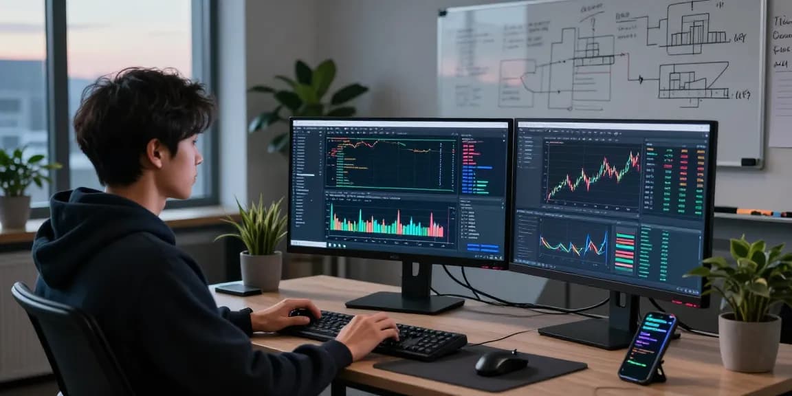 Developer utilizing index WebSocket streaming API at a high-tech trading workstation with real-time data.