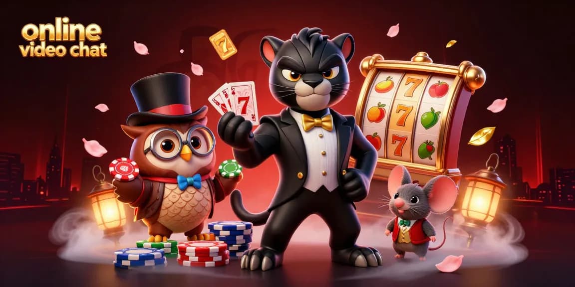 Engage in online video chat through a vibrant casino scene featuring 3D cartoon characters and dynamic gambling symbols.