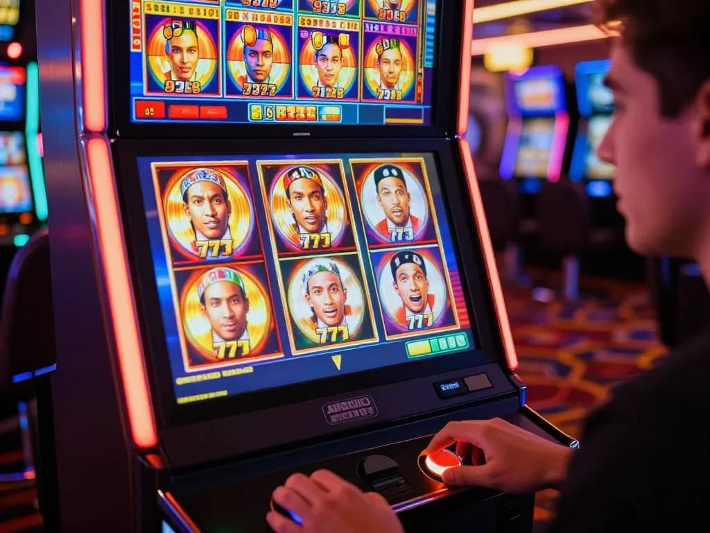 Player using slot gacor 777 machine, poised above spin button, vibrant casino atmosphere.
