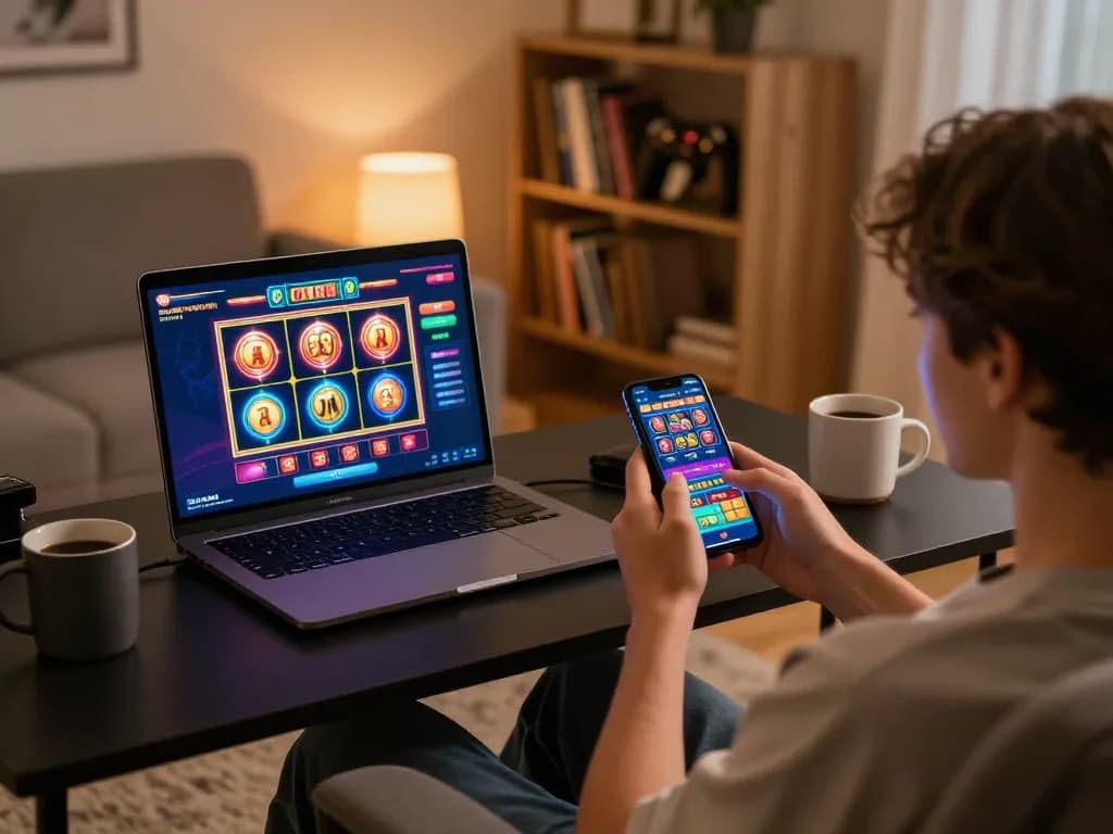 Enjoying a thrilling slot online game on a modern laptop in a cozy home setup.