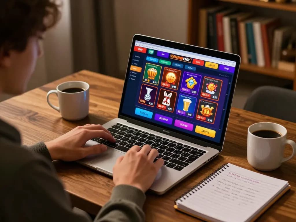 Person using laptop for online gaming on 3win actor interface at home, showcasing a cozy atmosphere.