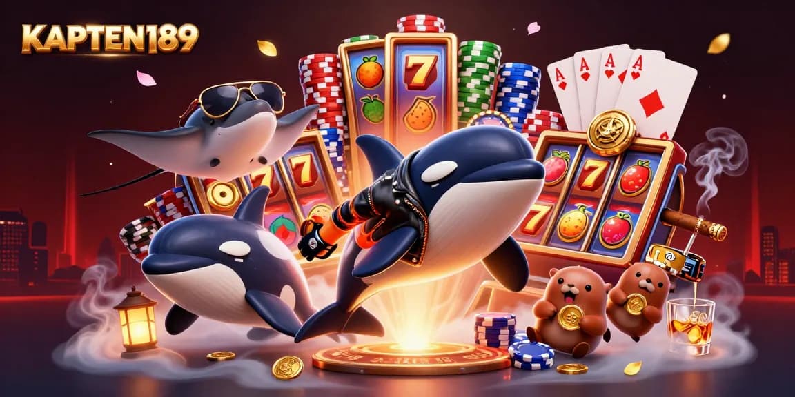 KAPTEN189 menampilkan ilustrasi 3D kartun orka dan teman-teman saat memainkan slot dengan simbol buah dan keberuntungan.