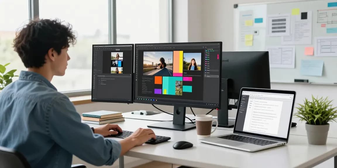 Screenshot tool download interface showcased on multiple monitors in a modern workspace.