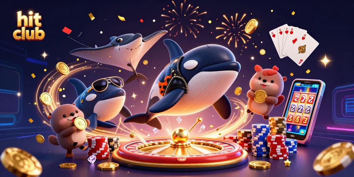 Hit club showcases an exciting 3D cartoon scene with an orca and otters celebrating wins at a vibrant casino.
