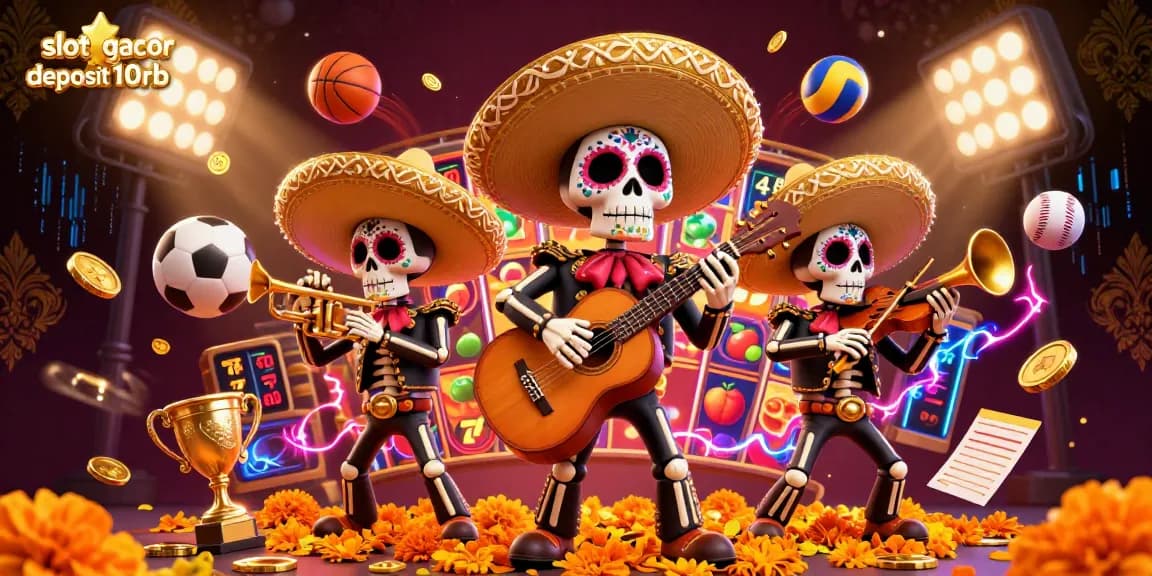 Experience thrilling gameplay in "slot gacor deposit 10rb" with a vibrant mariachi scene featuring dynamic sports elements.
