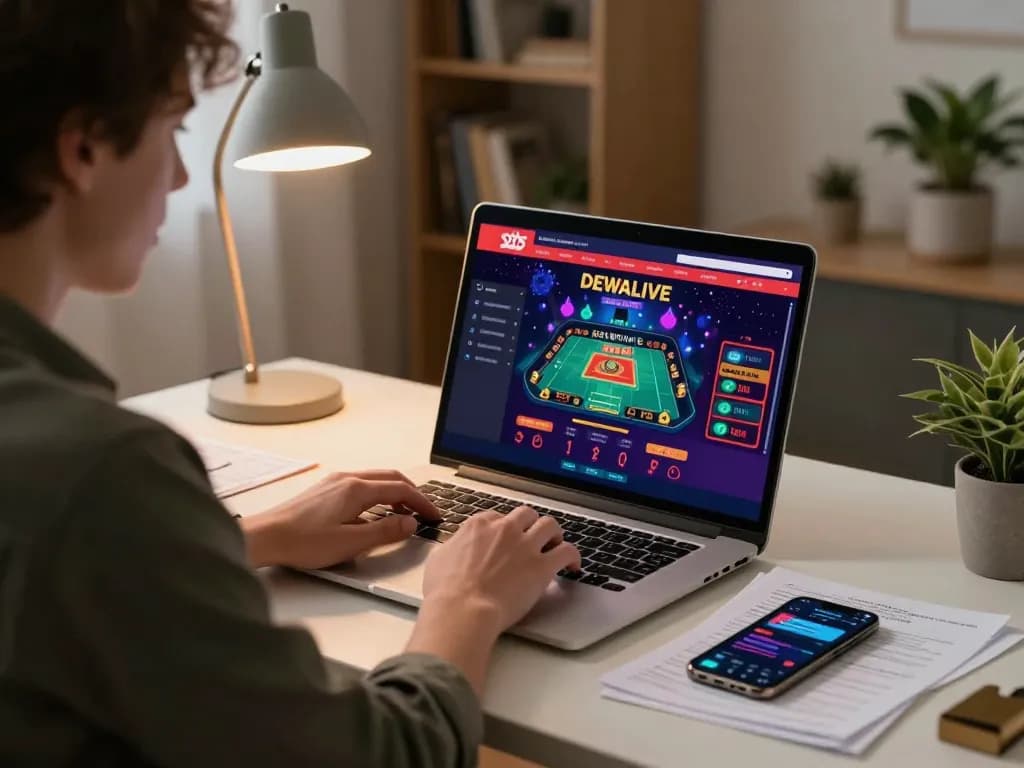 Engaging online gaming session at home featuring DEWALIVE on laptop with vibrant interface.