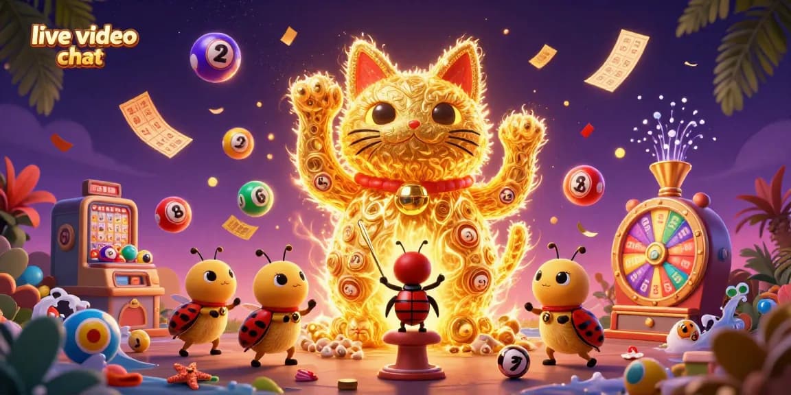 Engage in live video chat with a fun giant lucky cat surrounded by vibrant casino elements.