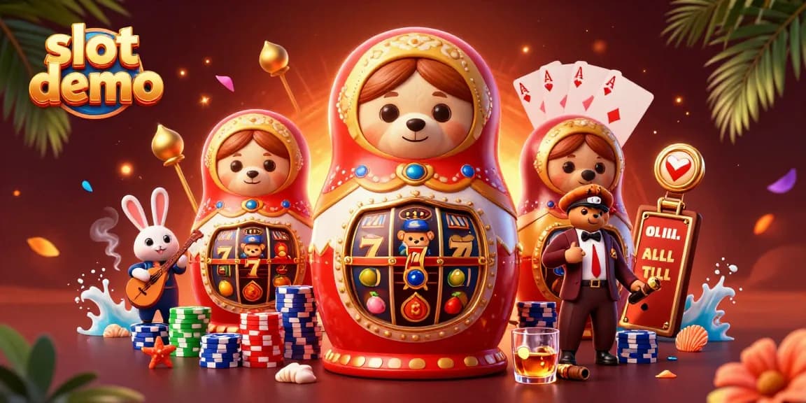 Mainkan slot demo dengan karakter khas di ilustrasi kasino yang penuh warna dan detail menarik.