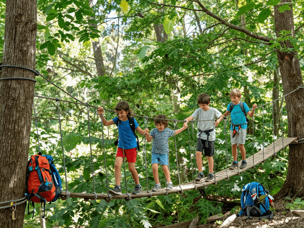Family crossing a rope bridge in a vibrant forest, enjoying outdoor adventure.