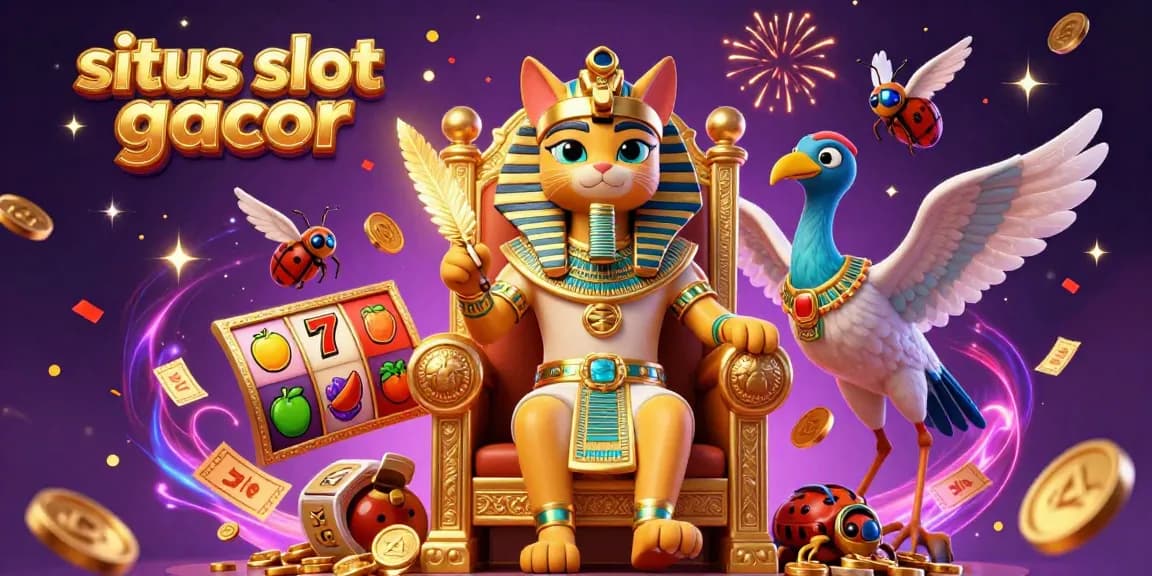 Situs slot gacor highlights thrilling gaming with vibrant slot reels and dynamic characters in a colorful casino setting.