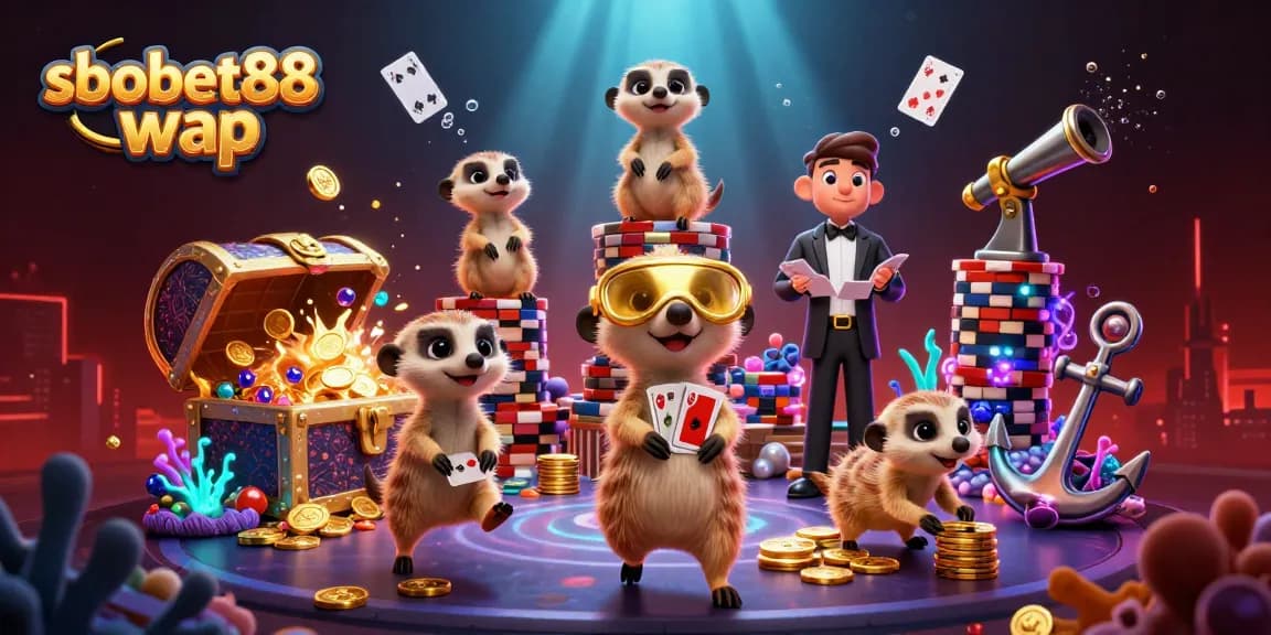 SboBet88 wap features a vibrant 3D meerkat casino scene with card dealers, treasures, and bioluminescent effects.