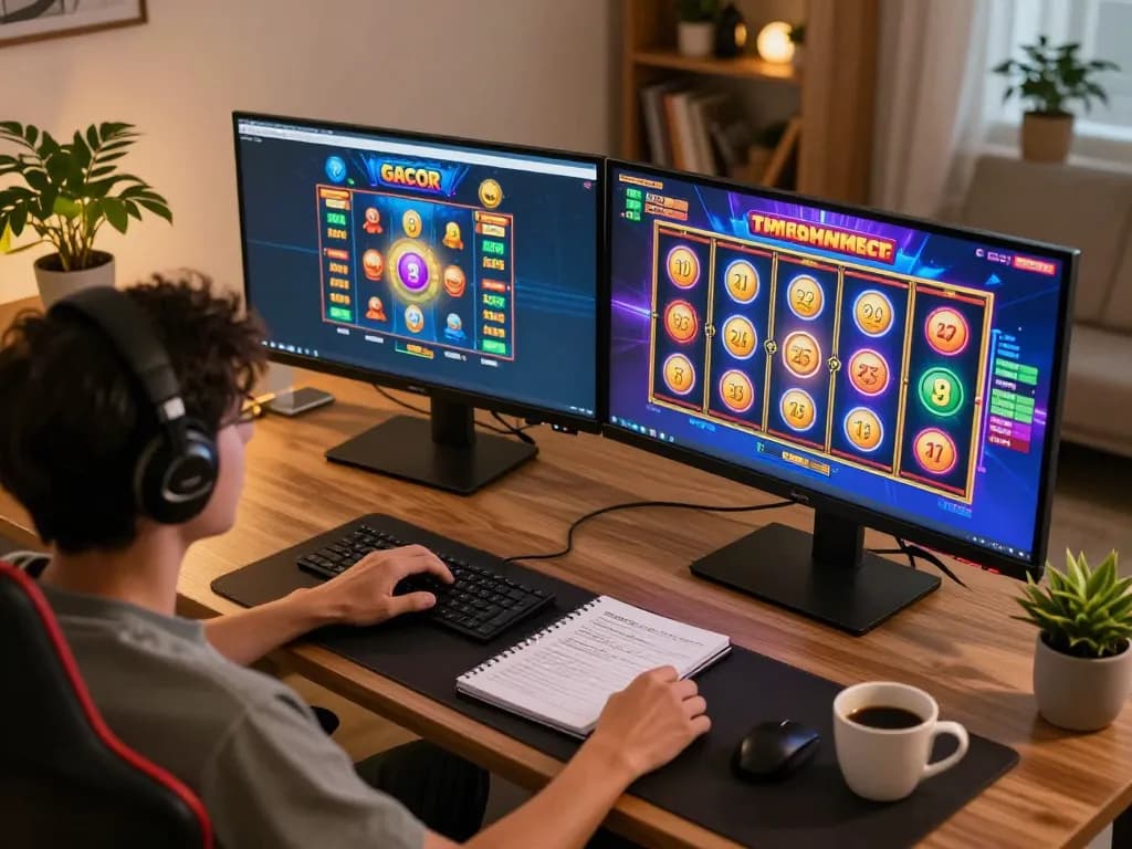 Engaging player enjoying slot gacor games on dual screens, showcasing thrilling online experience.