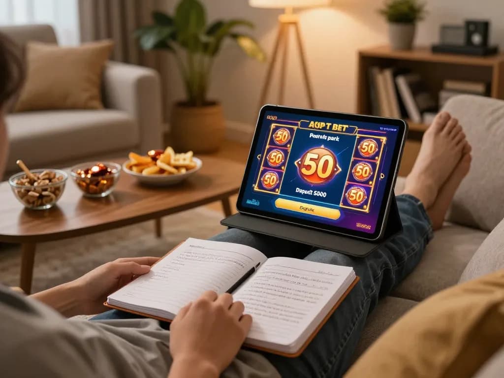 Engaging in online casino gaming with apk slot bet 50 perak deposit 5000 on a tablet, showcasing a cozy home atmosphere.