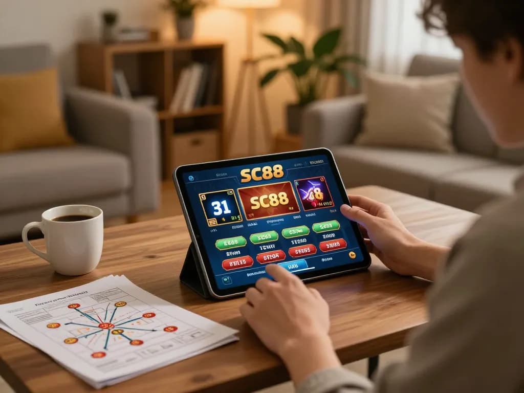 Engaging with sc88 casino app in cozy home setting, highlighting online gaming excitement.