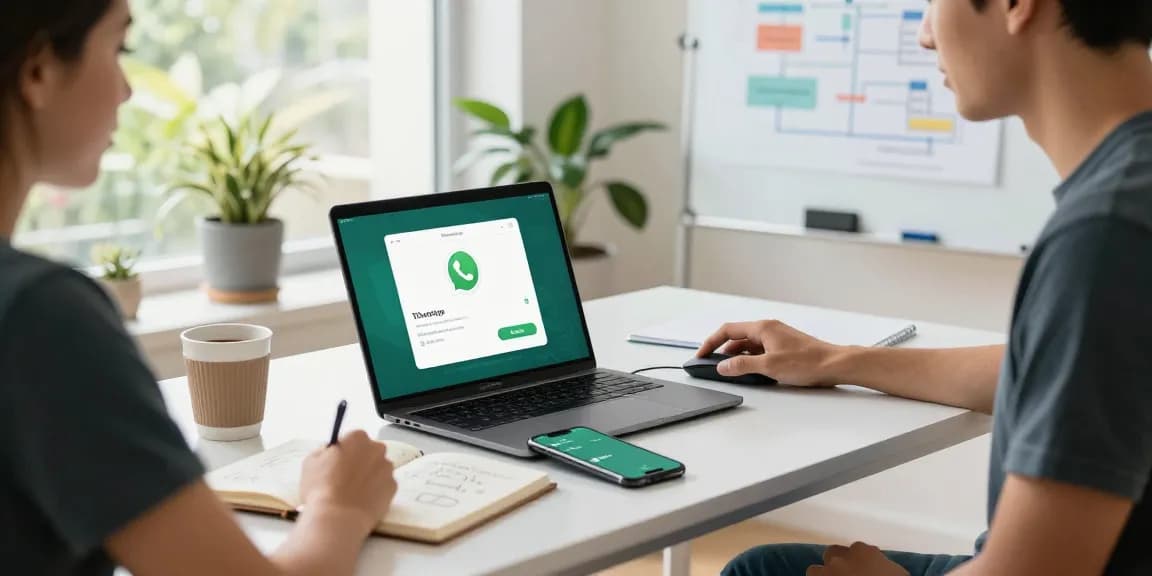 Person using WhatsApp電腦版 on a sleek modern workspace desk with a laptop, smartphone, and brainstorming notes.