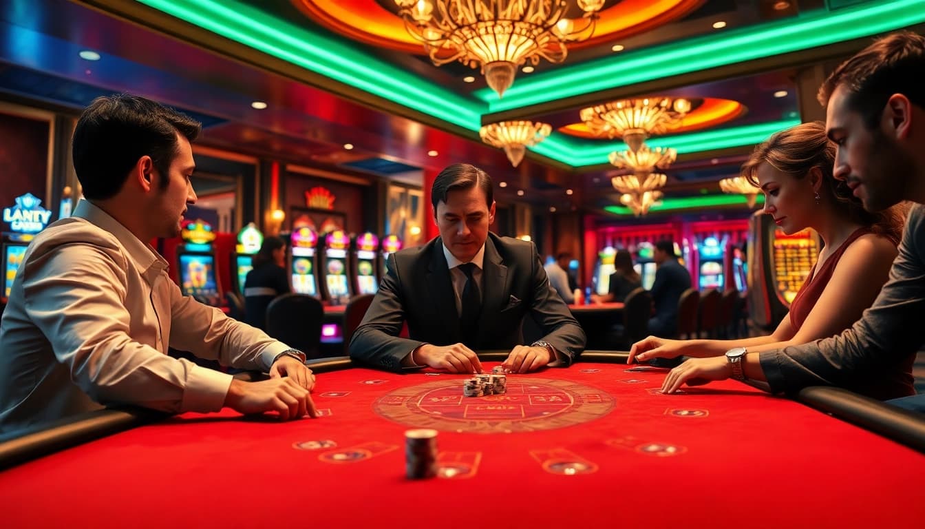 Menggambarkan permainan poker di taiwannow.org/tw/about dengan lampu dramatis dan suasana kasino yang mewah.