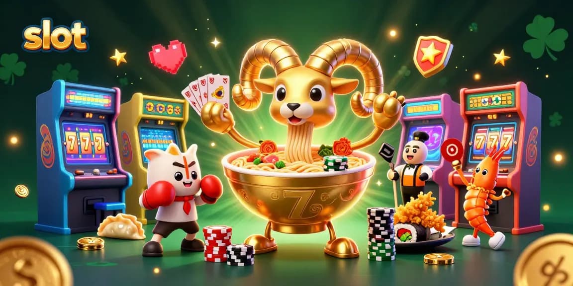 Spin the slot reels with a 3D golden ramen bowl dealer, vibrant casino elements surrounding the scene.