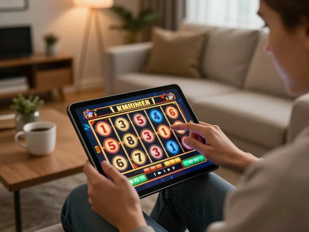 sv88pl gaming scene with a player focusing on tablet slots in a cozy home setting