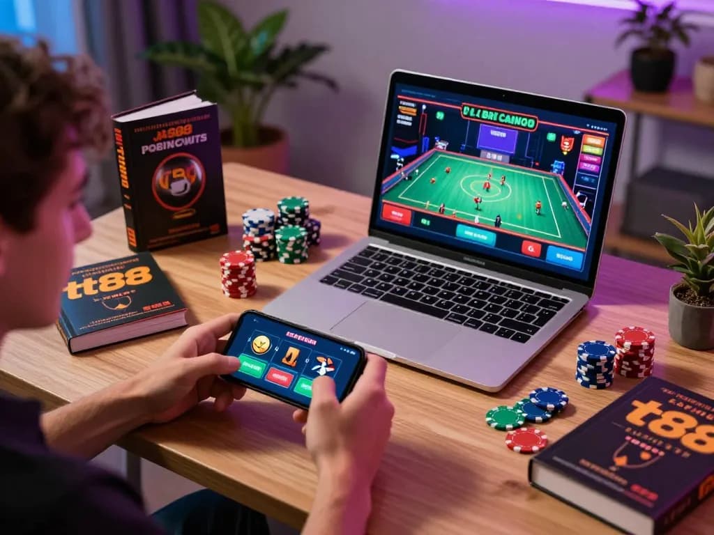 Engaged player enjoying tt88 casino app on smartphone while using vibrant strategy guides for effective gambling.