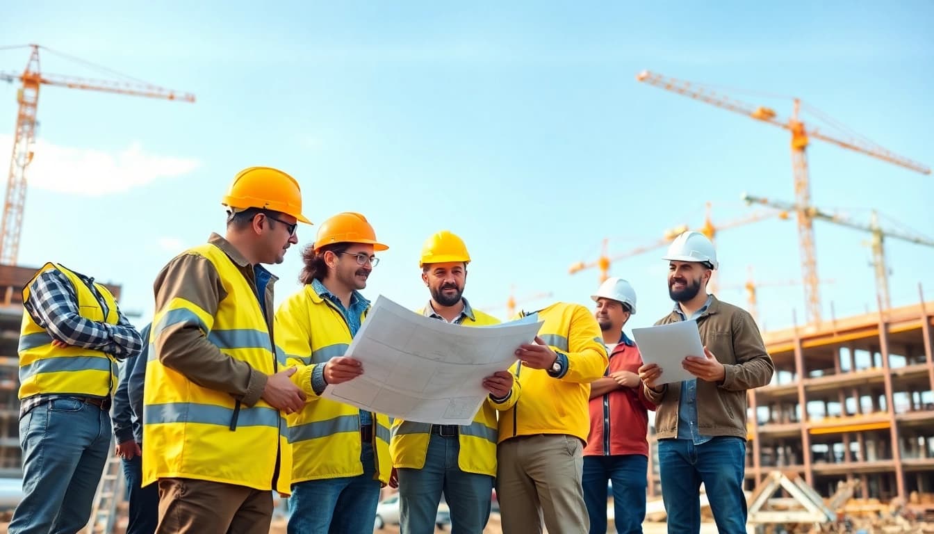 Construction advocacy featuring diverse workers collaborating on a vibrant building site.