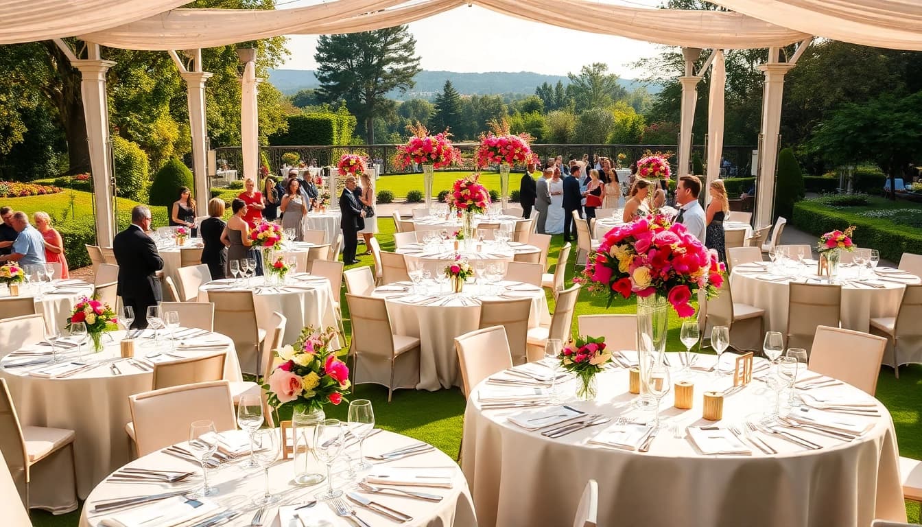 Elegant outdoor table rentals setup showcasing beautifully arranged tables and floral décor.
