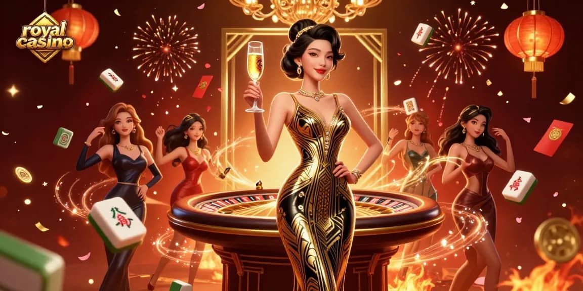 Experience the thrill of royal casino games with vibrant imagery of elegant characters and festive elements.
