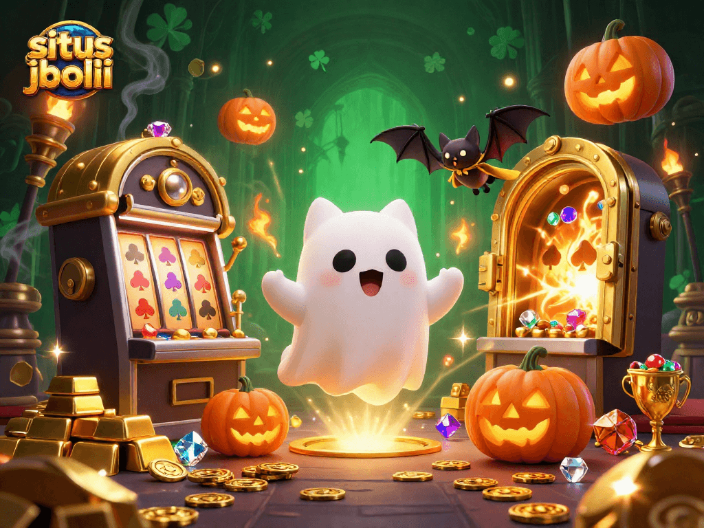 Engage with the situs judi bola experience featuring vibrant characters in a haunting casino scene.