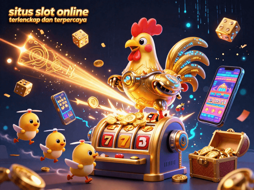 Menangkan jackpot di situs slot online terlengkap dan terpercaya dengan mesin slot berkilauan dan dikelilingi robot ayam emas.
