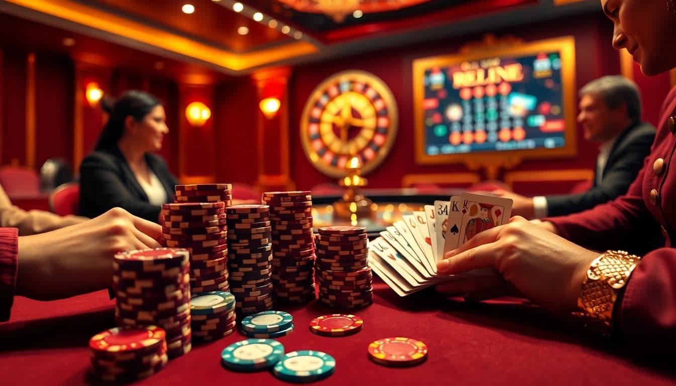 Des joueurs de poker captivants dans un casino de luxe, mettant en avant le meilleur casino en ligne 2026 et l'excitation.