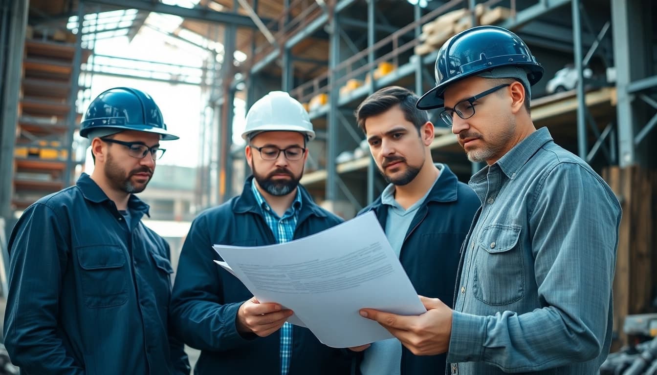 Construction labor compliance review by workers at a construction site, showcasing diligence and teamwork.