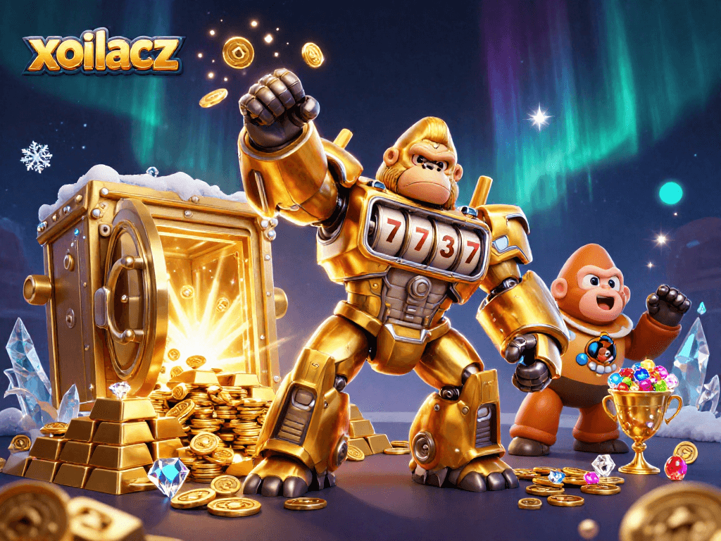 Experience fun and excitement with xoilacz featuring a vibrant gorilla mech in a thrilling casino-themed scene.