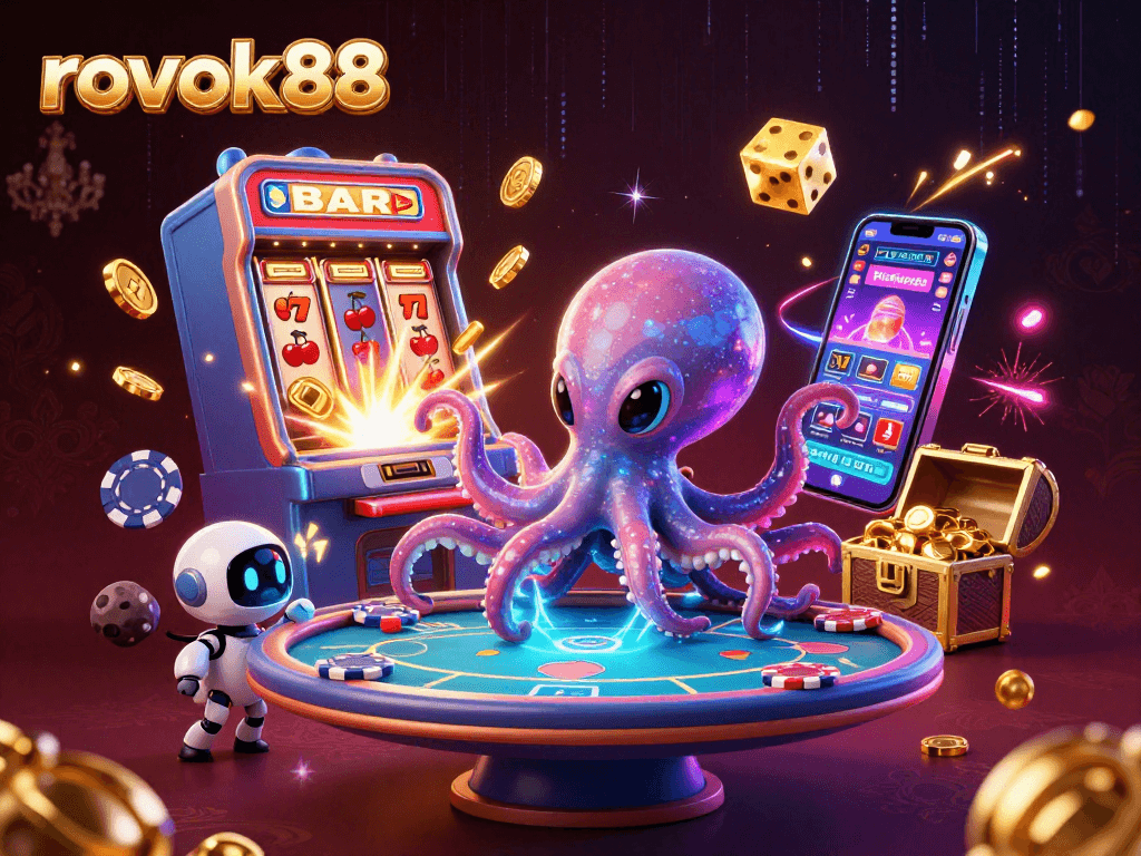 Experience thrilling gaming with rokok88's ojoctopus and robot at a dynamic casino scene.