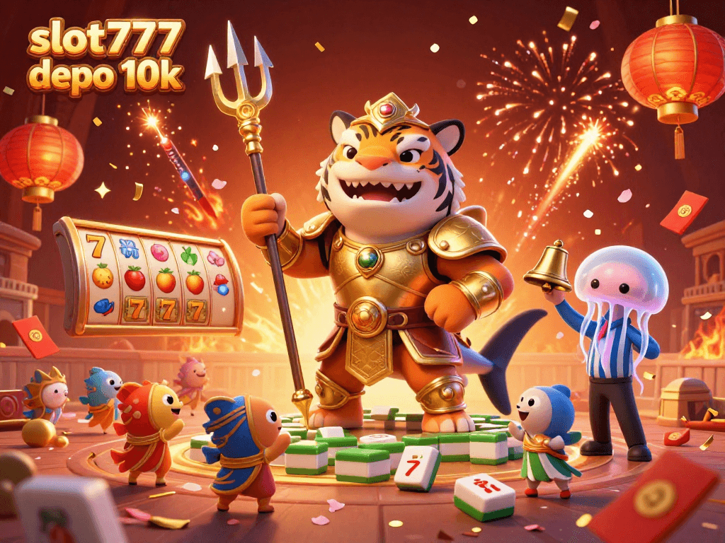 Engage in thrilling gameplay at slot777 depo 10k, adorned with vibrant slot reels and golden confetti in this dynamic scene.