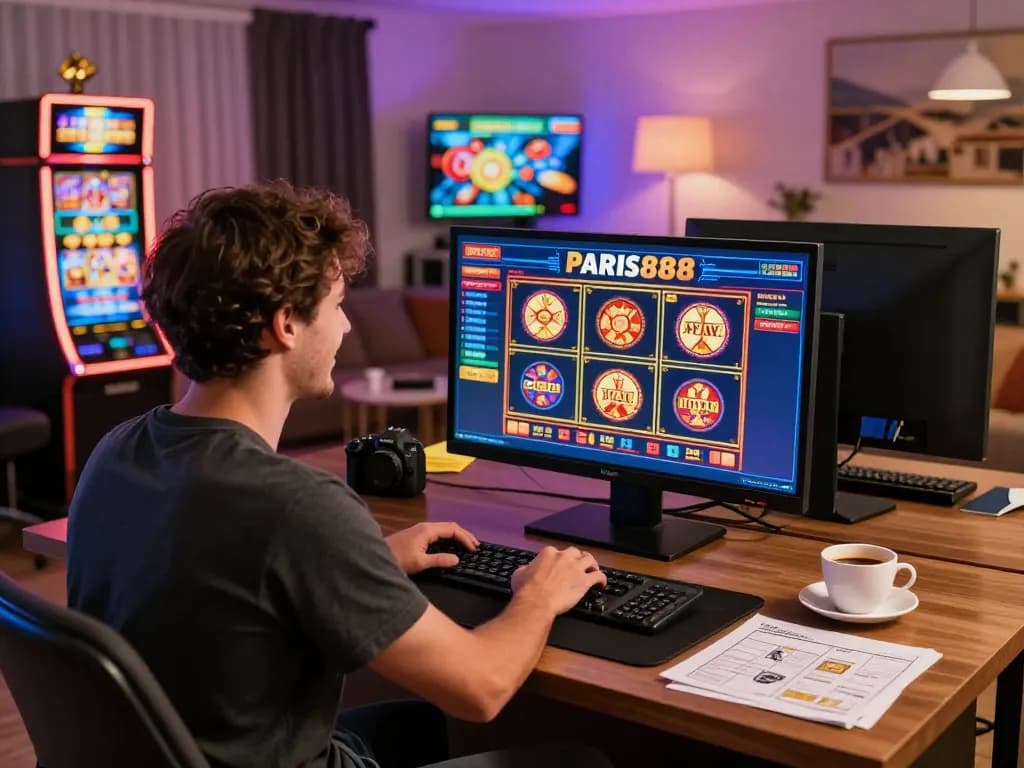 Player enjoying Paris888 online gaming on multiple screens in a stylish home setup