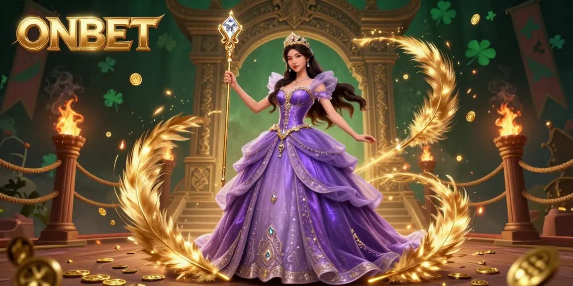 Experience the excitement of ONBET with a beautiful Asian woman in a dazzling casino setting surrounded by gold and game elements.