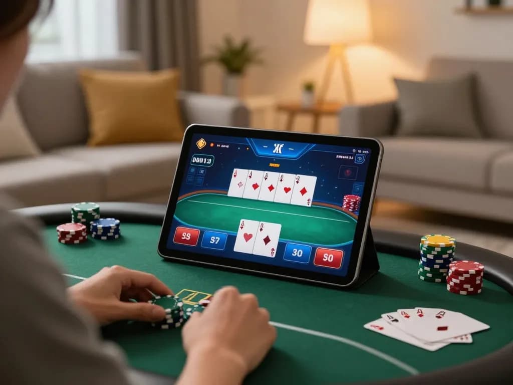 Engaging in online poker gaming at home with B52 interface displayed on a tablet.