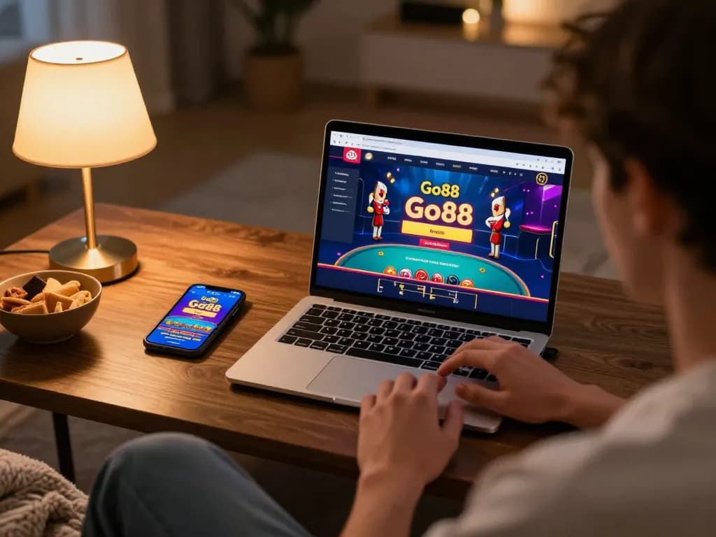 Người chơi tham gia trò chơi Go88 trên laptop, thể hiện một thiết lập casino trực tuyến thú vị