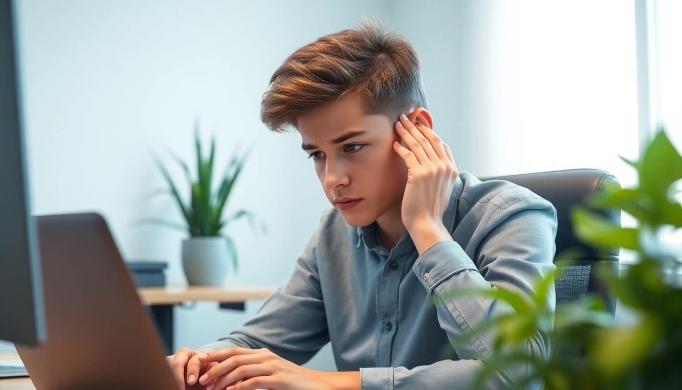 Young adult showing anxiety symptoms while working in a calming office environment.
