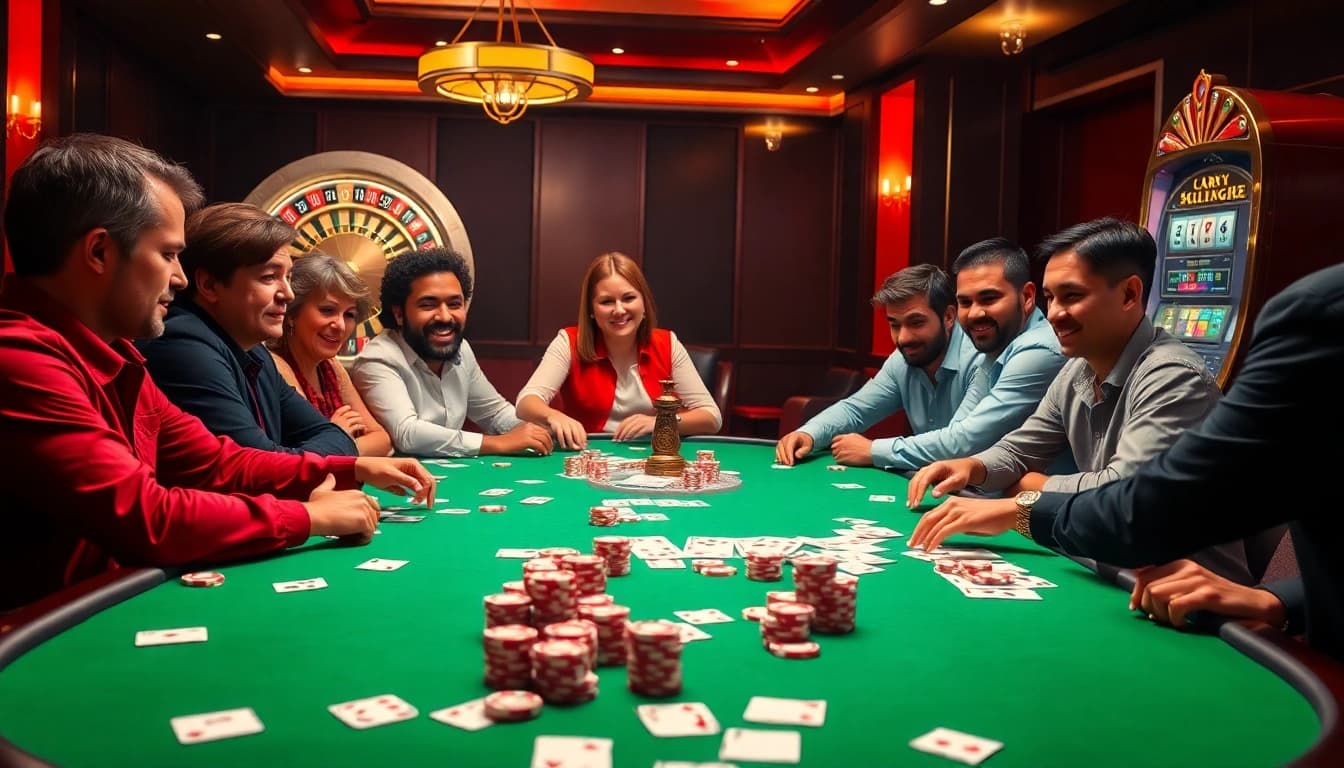 Les joueurs de casino en ligne argent réel profitent d'une partie de poker à enjeux élevés à une table luxueuse avec des jetons et des cartes vibrants.