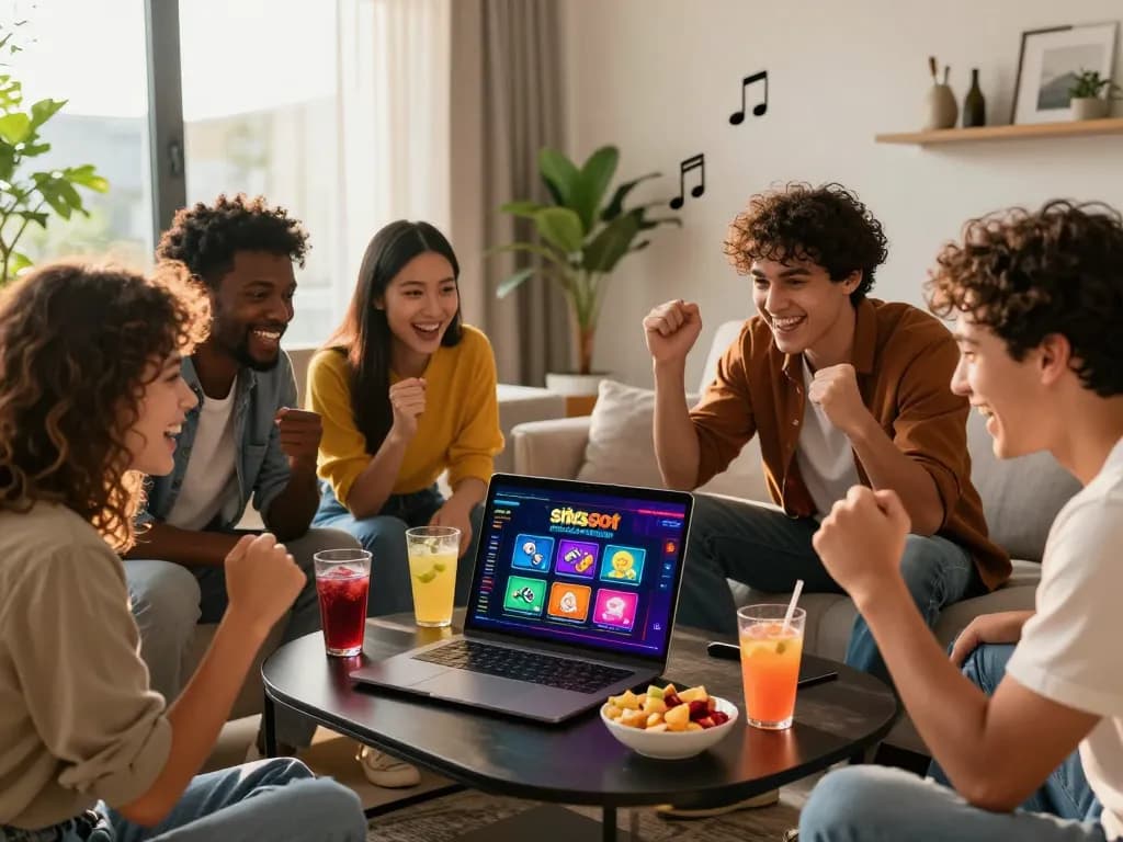 Pengalaman permainan situs slot yang mendebarkan bersama teman-teman di ruang tamu yang hidup.