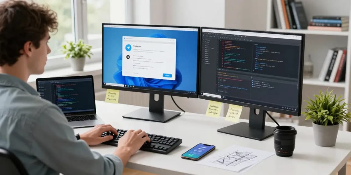 Developer focused on Telegram user interface and coding in a modern workspace with dual monitors
