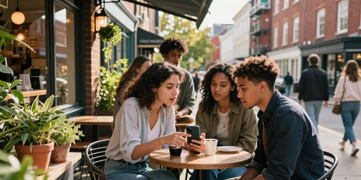 Community members engaging outside a local café, sharing businesses from https://forumup.org/shop/search.php?ca_id=&addr1=&addr2=&addr3=&schKeyword= in a vibrant urban setting.