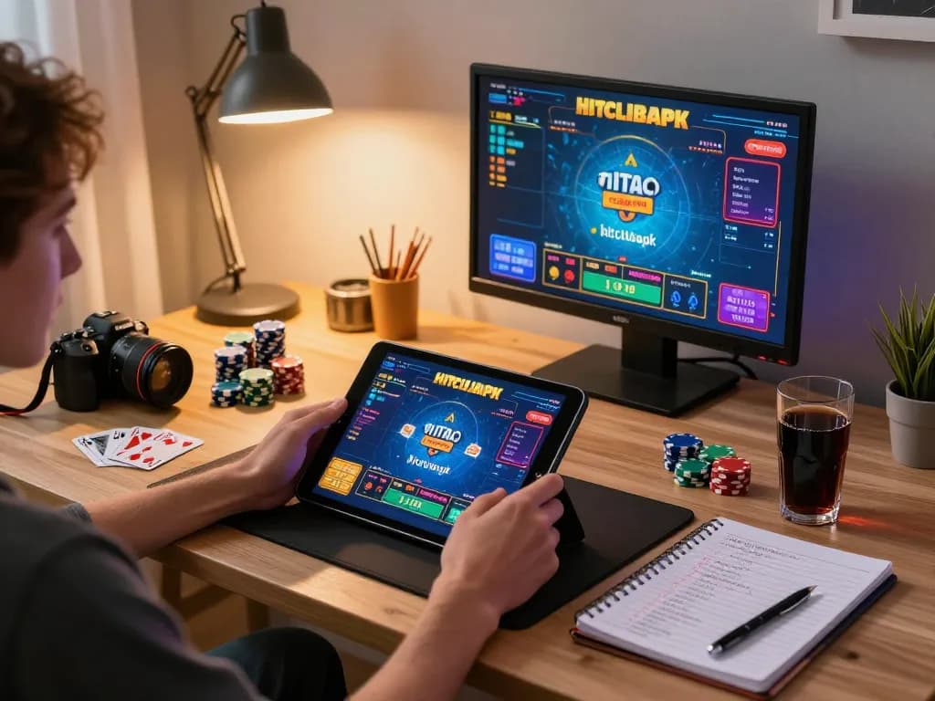 Engaged player using hitclubapk in a cozy home setting with colorful game graphics and strategic notes
