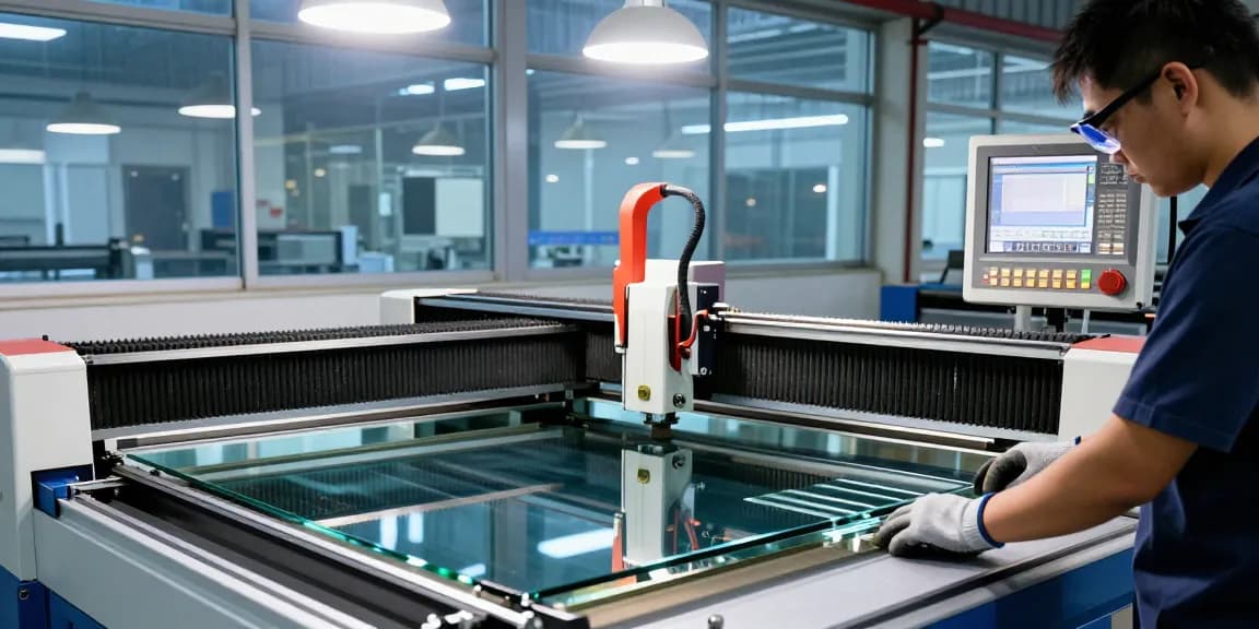 Technician operating a cutting machine glass in a bright industrial workshop, showcasing advanced glass processing technology.