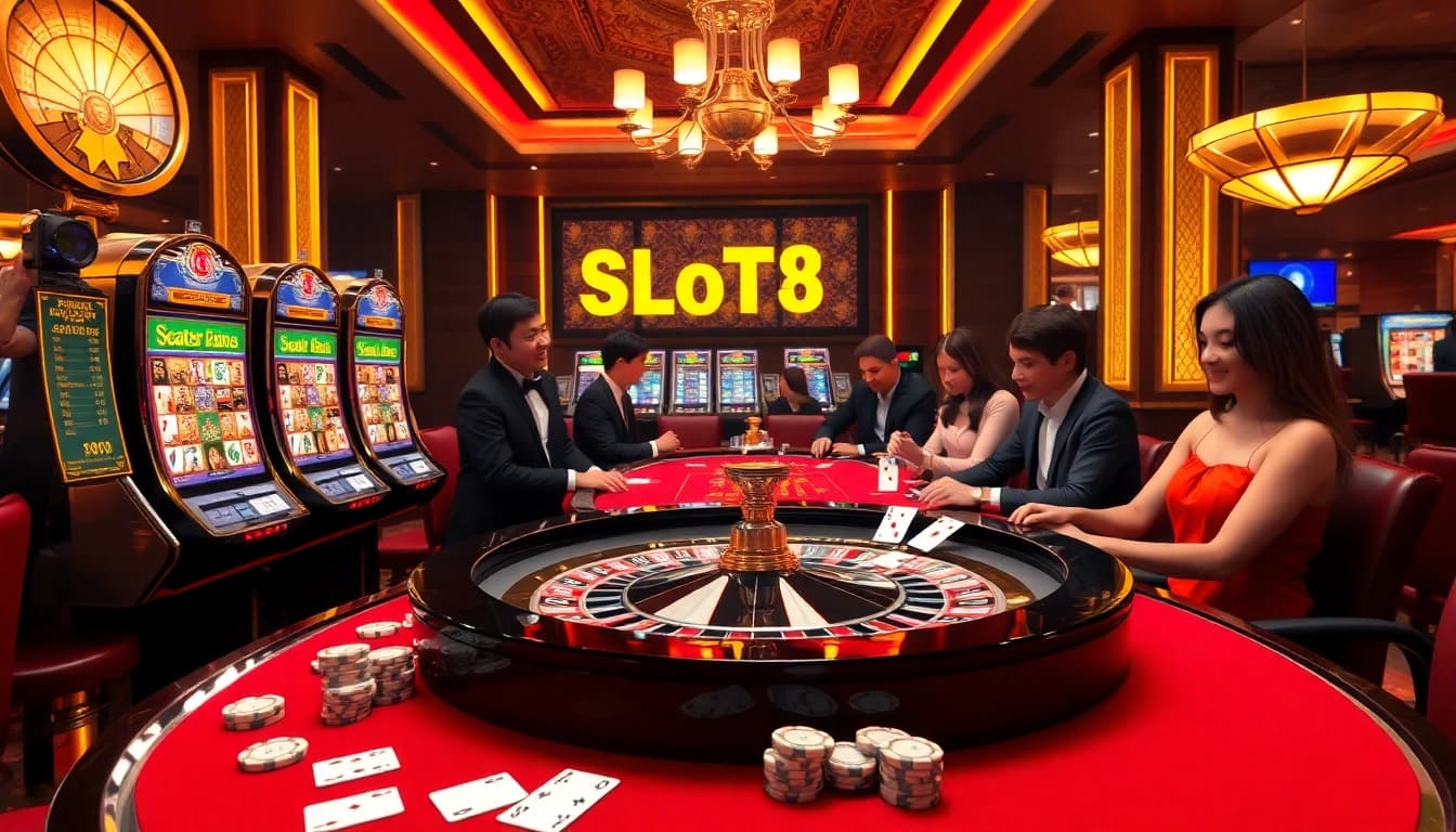 Experience the thrill of slot scatter hitam at an elegant casino with vibrant machines and gaming tables.