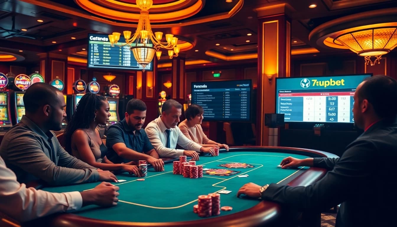 Players engaged in a thrilling poker game at a luxurious casino table, featuring 7upbet betting options.